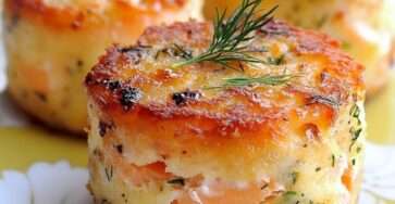 Mini cakes salés au saumon et à l’aneth, dorés et moelleux, présentés sur une assiette posée sur une table en bois clair.