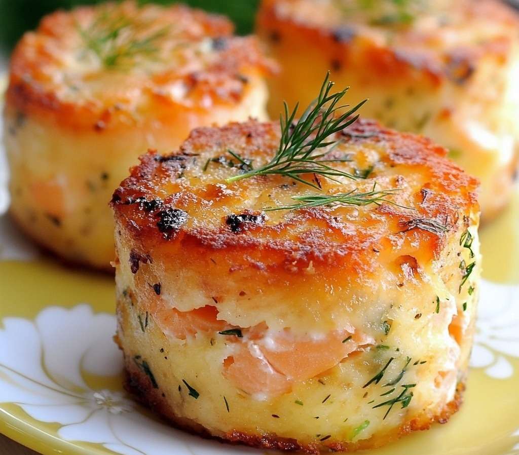 Mini cakes salés au saumon et à l’aneth, dorés et moelleux, présentés sur une assiette posée sur une table en bois clair.