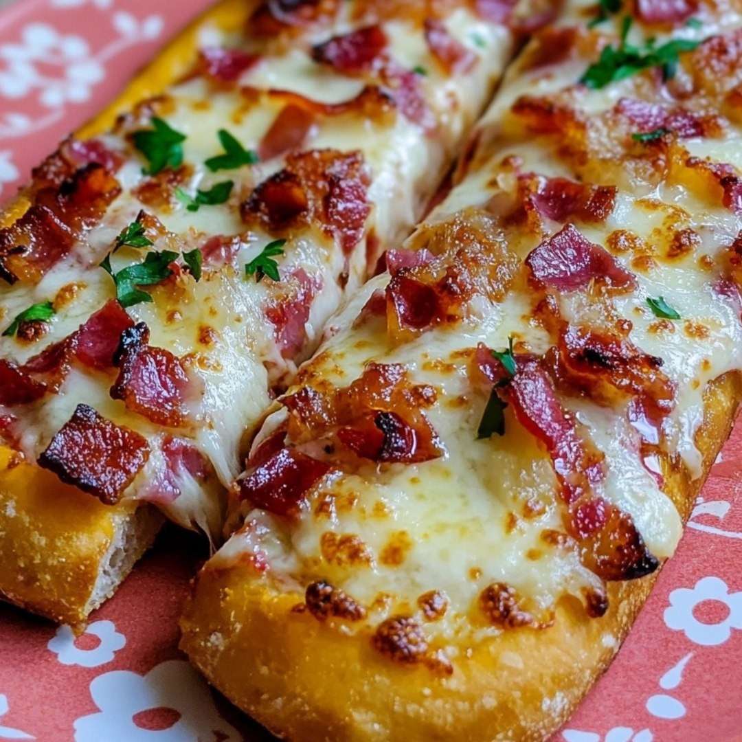 Pizza-baguette garnies de coulis de tomate, mozzarella fondue, lardons croustillants et persil frais servies sur une plaque de cuisson.