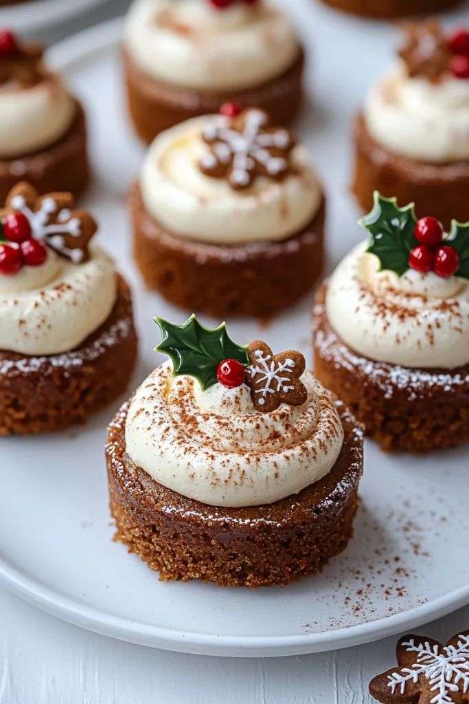 Mini gâteaux au pain d’épices décorés de glaçage blanc, mini biscuits et airelles, saupoudrés de sucre glace.