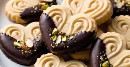 Sablés viennois en forme de cœur, trempés dans le chocolat noir et décorés de pistaches et d’amandes.