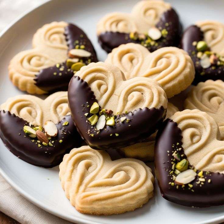 Sablés viennois en forme de cœur, trempés dans le chocolat noir et décorés de pistaches et d’amandes.