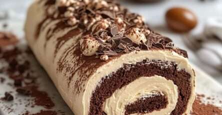 Gâteau roulé au chocolat garni de crème mascarpone, décoré de brisures de chocolat et de noisettes concassées sur un plat de service.