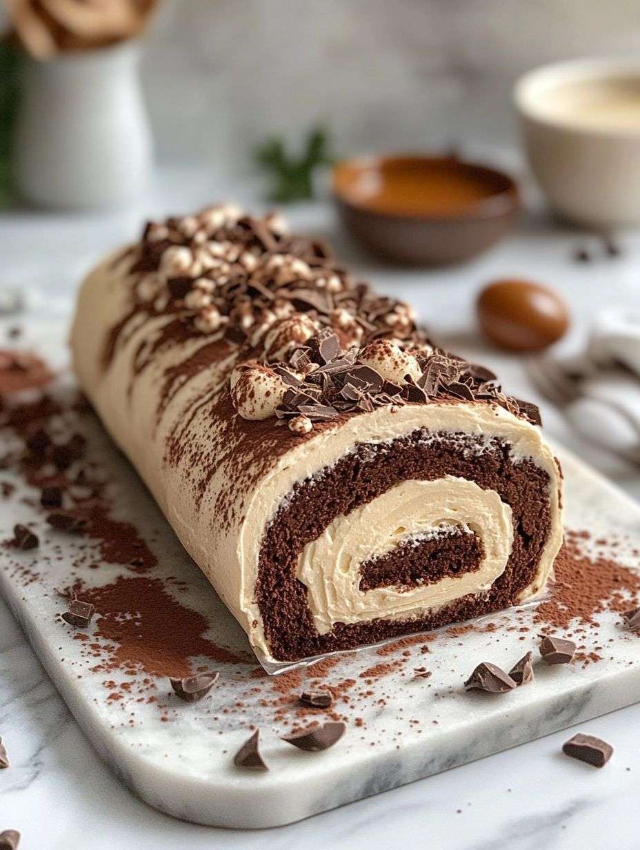 Gâteau roulé au chocolat garni de crème mascarpone, décoré de brisures de chocolat et de noisettes concassées sur un plat de service.