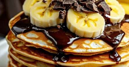 Empilement de pancakes banane chocolat moelleux, parsemés de pépites et garnis de banane fraîche.