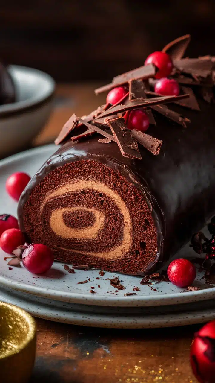 Bûche de Noël roulée au chocolat décorée d’airelles rouges, de romarin et saupoudrée de sucre glace.