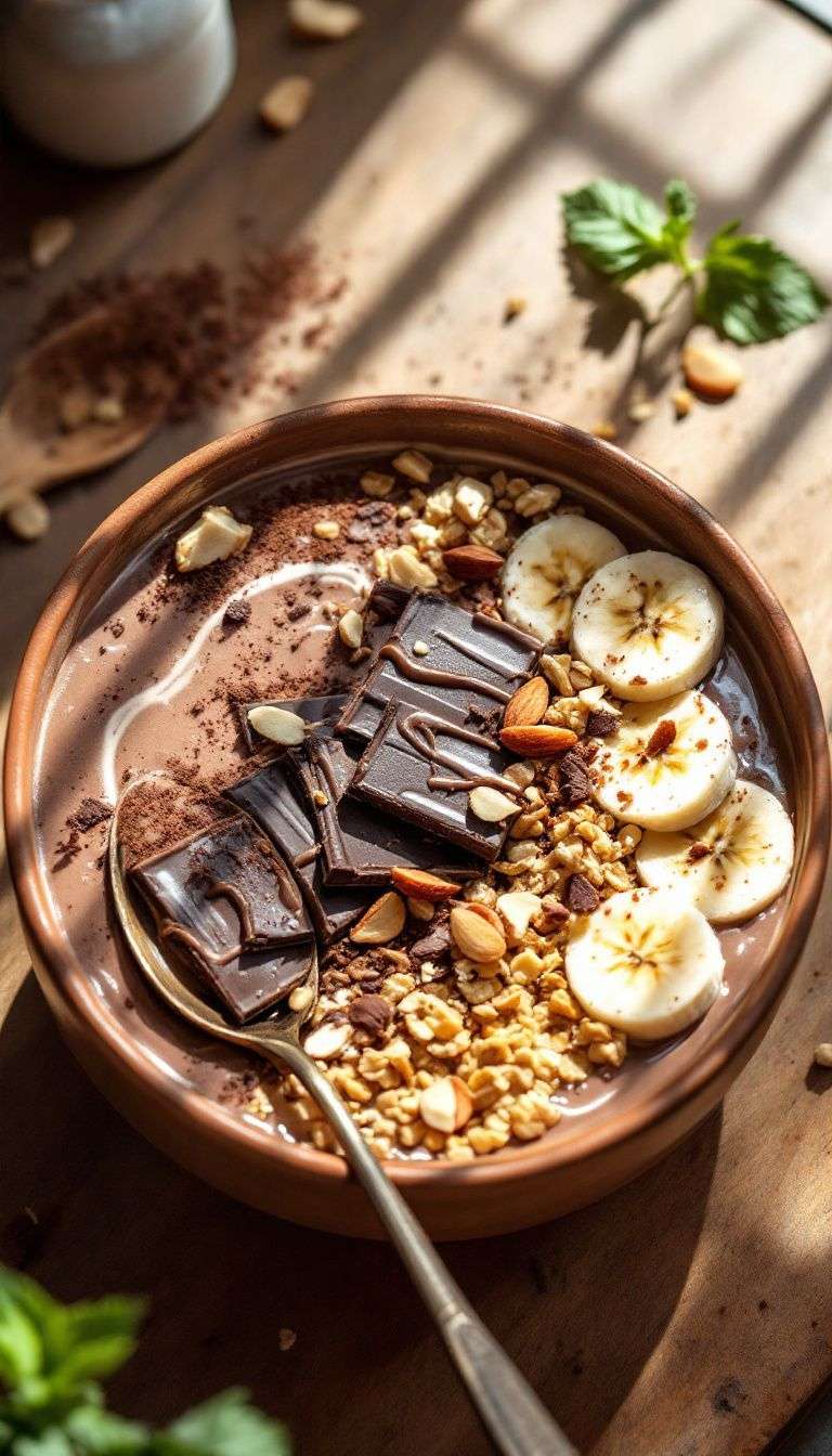 Bol de smoothie chocolat banane garni de tranches de banane, granola et copeaux de chocolat.