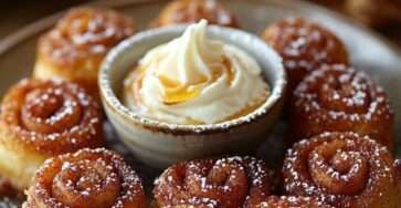 Mini rouleaux frits dorés enrobés de sucre et cannelle, servis avec une trempette au fromage à la crème.
