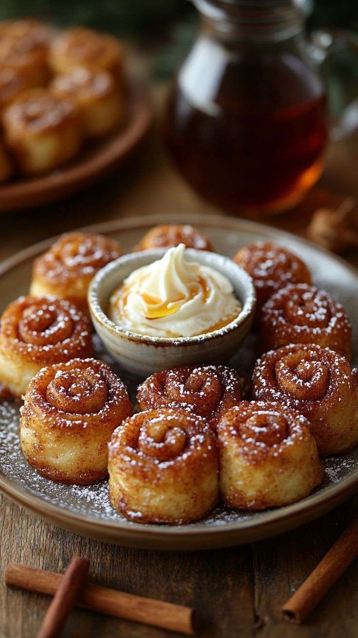 Mini rouleaux frits dorés enrobés de sucre et cannelle, servis avec une trempette au fromage à la crème.