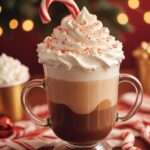 Tasse de chocolat chaud à la menthe poivrée garnie de crème fouettée et de morceaux de cannes à sucre.