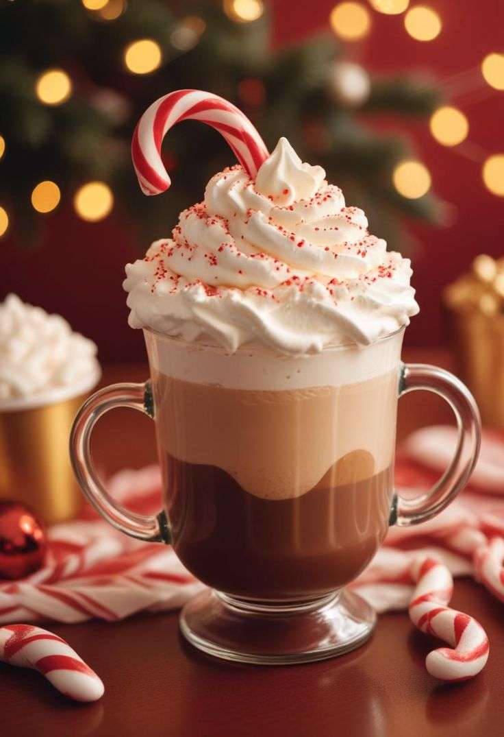 Tasse de chocolat chaud à la menthe poivrée garnie de crème fouettée et de morceaux de cannes à sucre.