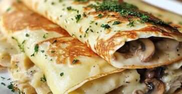 Crêpes salées garnies de poulet et champignons en sauce crémeuse, pliées et gratinées avec du fromage dans un plat.