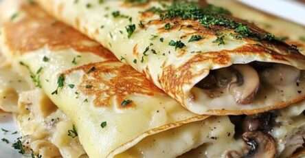 Crêpes salées garnies de poulet et champignons en sauce crémeuse, pliées et gratinées avec du fromage dans un plat.