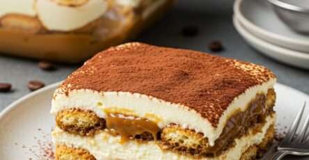 Verrine de tiramisu au caramel dulce de leche, en couches de biscuits imbibés de café, crème mascarpone et caramel, saupoudrée de cacao.