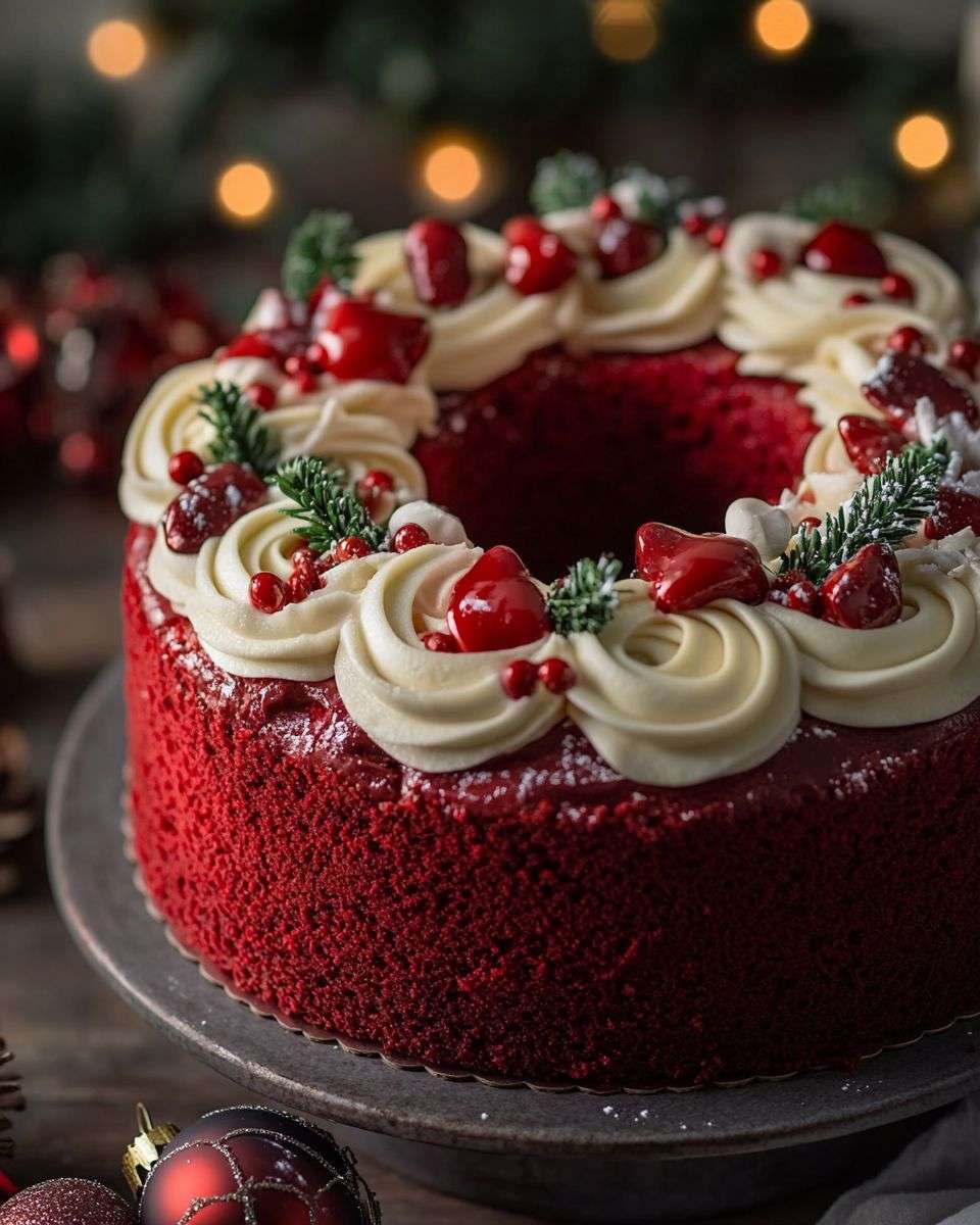 Gâteau Red Velvet en forme de couronne décoré de glaçage blanc, romarin et canneberges.