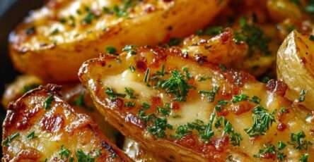 Quartiers de pommes de terre rôtis au four, croustillants, enrobés de parmesan, ail et herbes, garnis de persil frais.