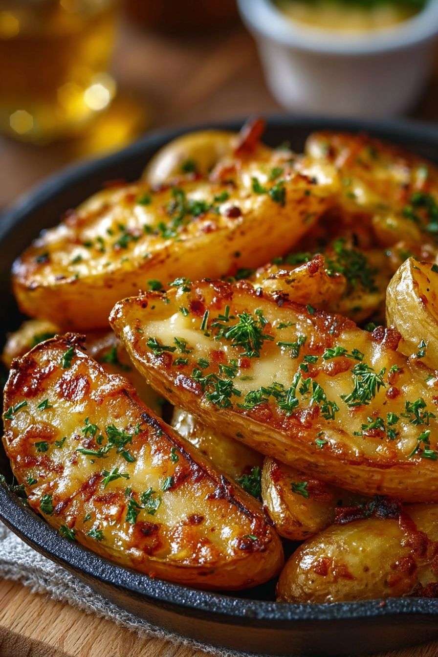 Quartiers de pommes de terre rôtis au four, croustillants, enrobés de parmesan, ail et herbes, garnis de persil frais.