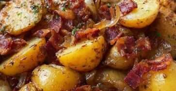 Pommes de terre sautées dorées avec oignons caramélisés et lardons croustillants, garnies d’herbes fraîches.