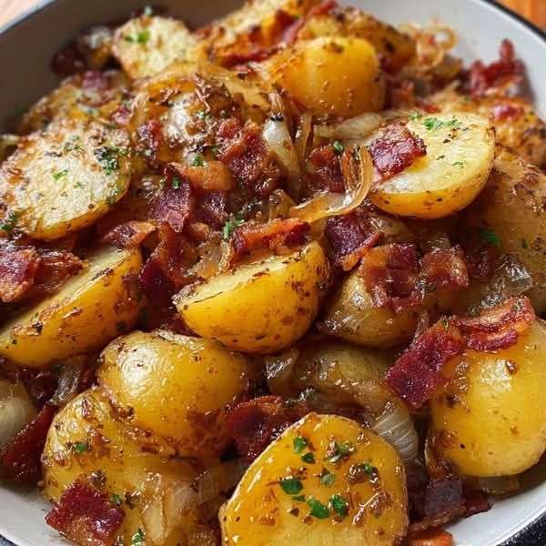 Pommes de terre sautées dorées avec oignons caramélisés et lardons croustillants, garnies d’herbes fraîches.