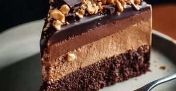 Gâteau mousse chocolat et cacahuètes sur base biscuitée croquante, nappé de ganache brillante et décoré de fruits secs concassés.