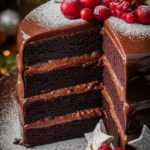 Gâteau Noël à étages au chocolat décoré de baies rouges, d’airelles et de sucre glace sur un plateau festif de Noël.