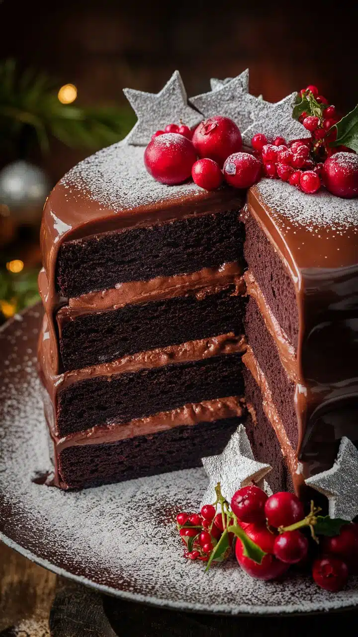 Gâteau Noël à étages au chocolat décoré de baies rouges, d’airelles et de sucre glace sur un plateau festif de Noël.