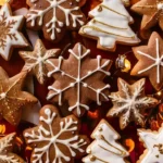 Biscuits de Noël au pain d’épices en forme d’étoiles et de sapins décorés de glaçage royal blanc.