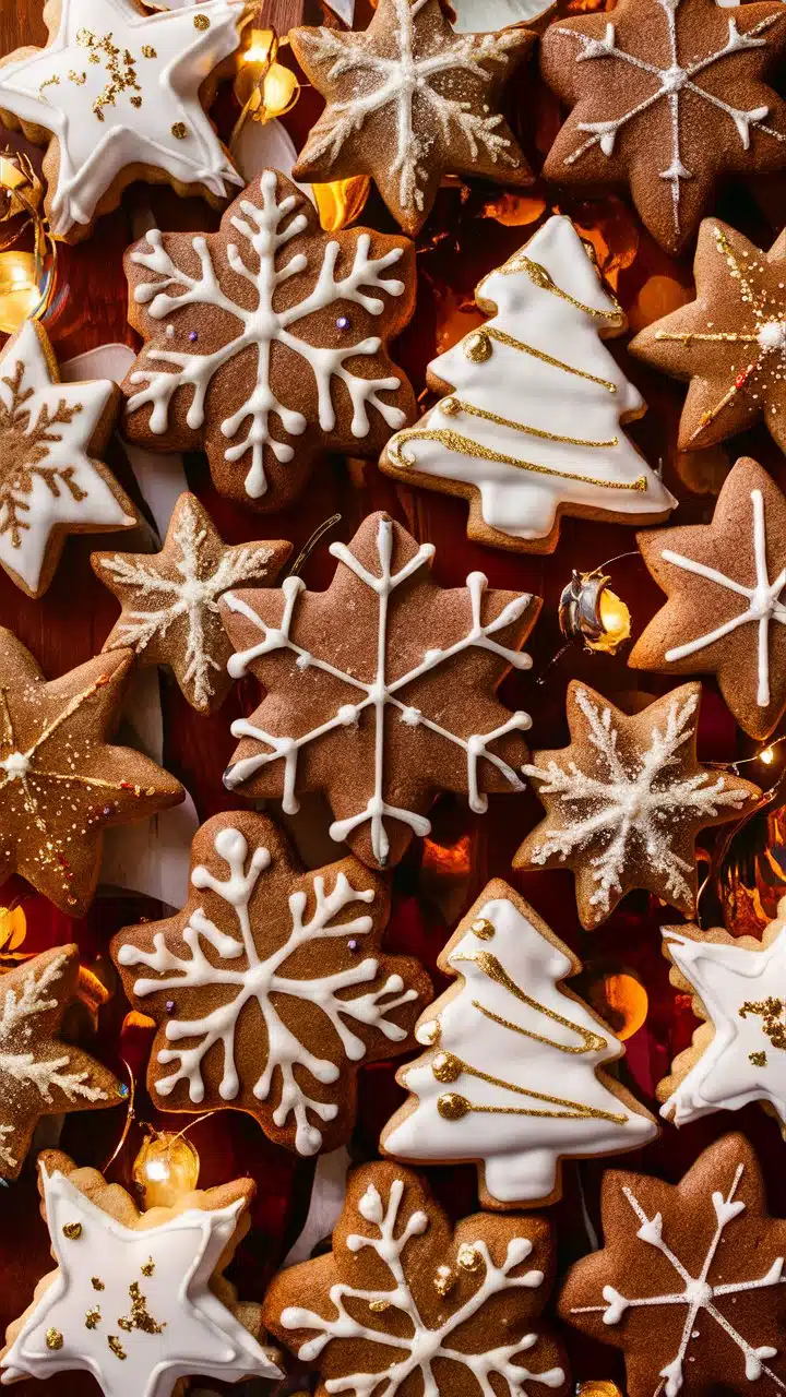 Biscuits de Noël au pain d’épices en forme d’étoiles et de sapins décorés de glaçage royal blanc.