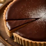 Tarte chocolat et caramel au beurre salé avec ganache brillante et fond de pâte sablée au cacao.