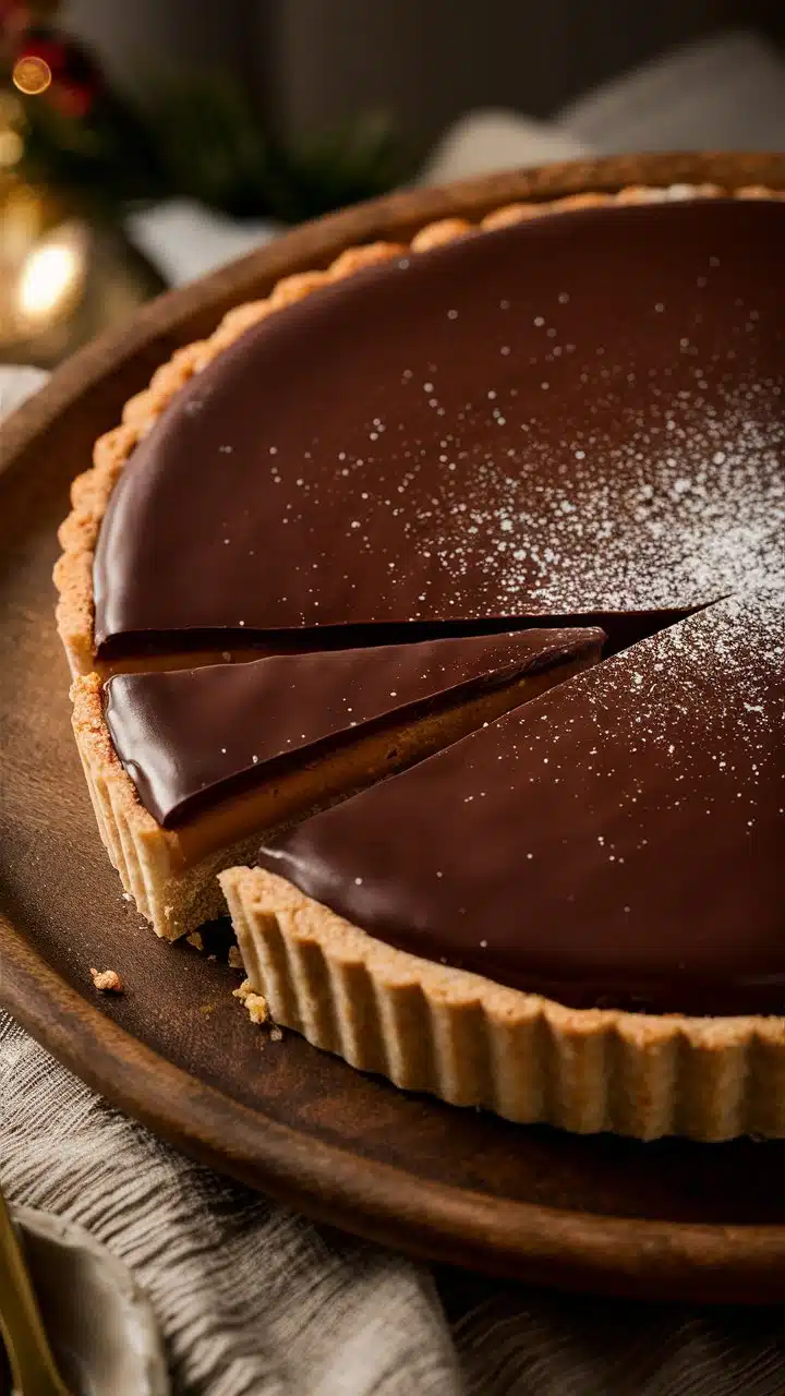 Tarte chocolat et caramel au beurre salé avec ganache brillante et fond de pâte sablée au cacao.