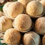 Truffes brésiliennes Beijinhos roulées dans la noix de coco et nappées de chocolat blanc, présentées dans des caissettes festives.