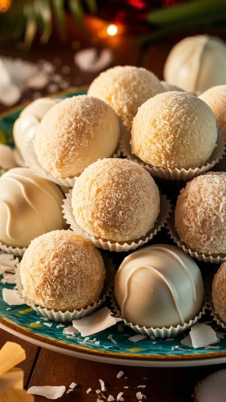 Truffes brésiliennes Beijinhos roulées dans la noix de coco et nappées de chocolat blanc, présentées dans des caissettes festives.