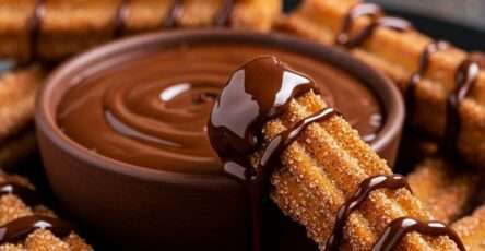 Churros maison dorés et croustillants roulés dans le sucre et la cannelle, servis avec une tasse de sauce chocolat chaude et brillante