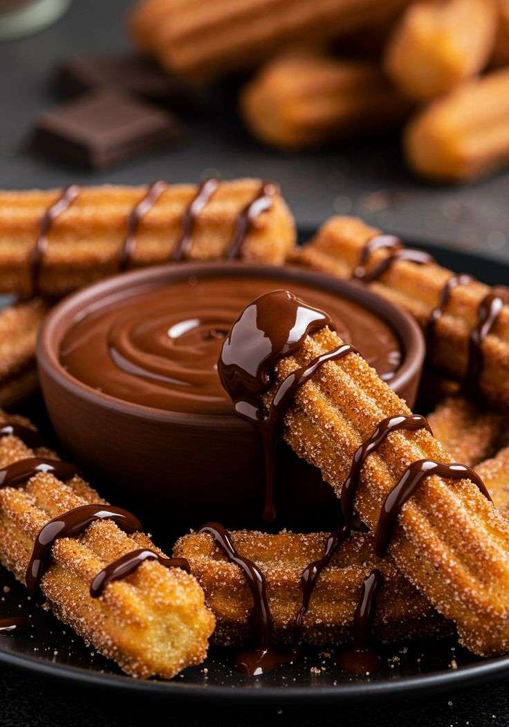 Churros maison dorés et croustillants roulés dans le sucre et la cannelle, servis avec une tasse de sauce chocolat chaude et brillante