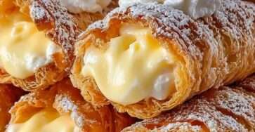 Cornets feuilletés dorés et croustillants garnis de crème diplomate légère et saupoudrés de sucre en poudre.