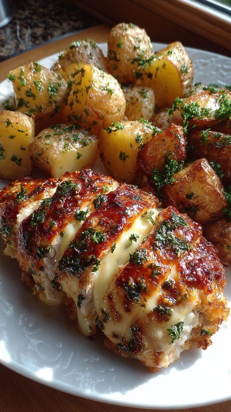 Poitrines de poulet farci au fromage fondu, servies avec des pommes de terre rôties dorées à l’ail et aux herbes.
