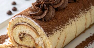 Bûche de Noël roulée façon tiramisu, recouverte de crème mascarpone et saupoudrée de cacao.