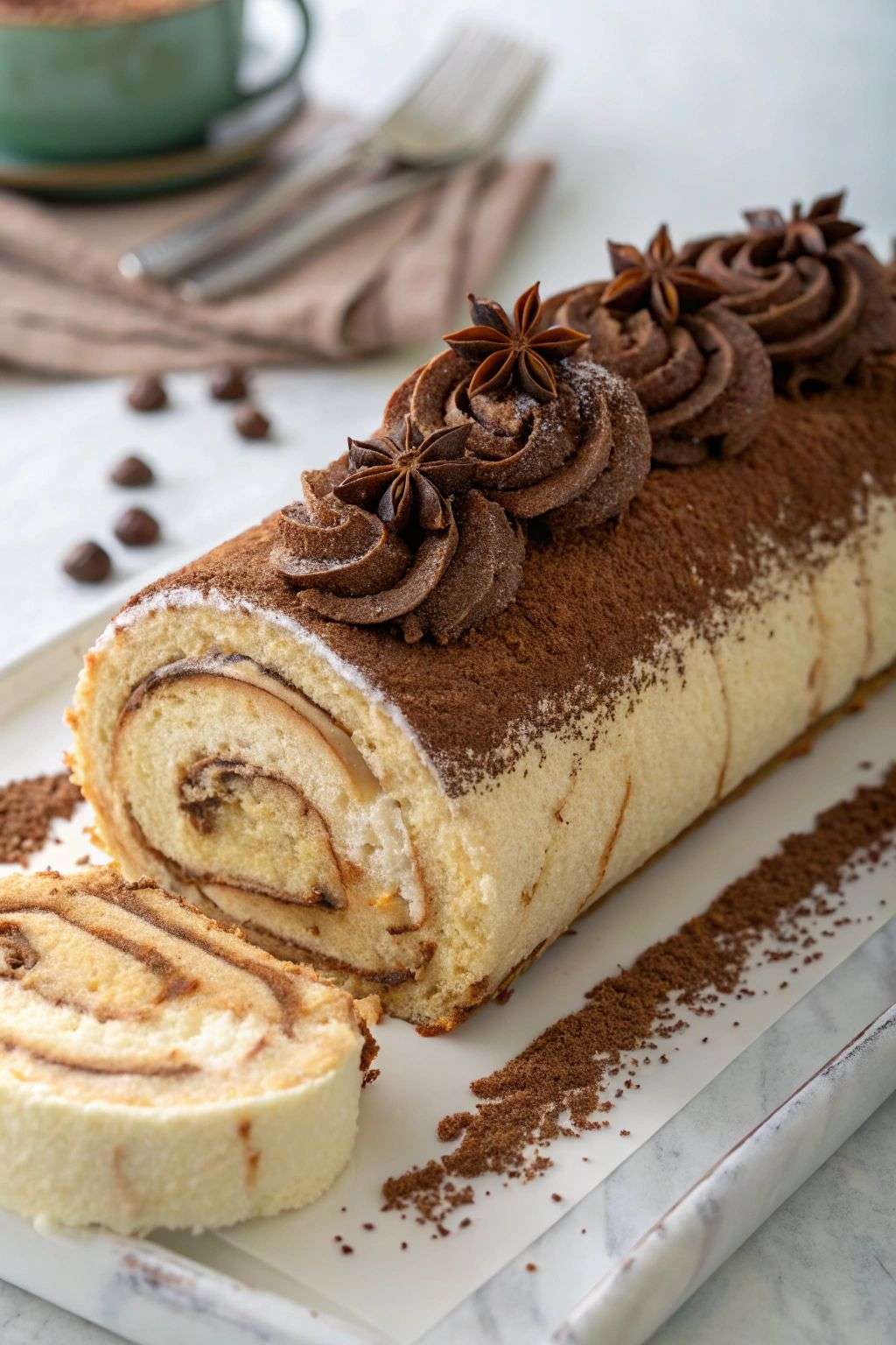 Bûche de Noël roulée façon tiramisu, recouverte de crème mascarpone et saupoudrée de cacao.