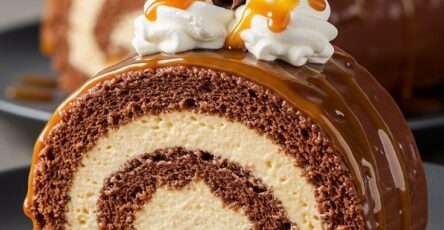 Gâteau roulé au chocolat garni de crème fouettée au caramel salé, saupoudré de cacao.