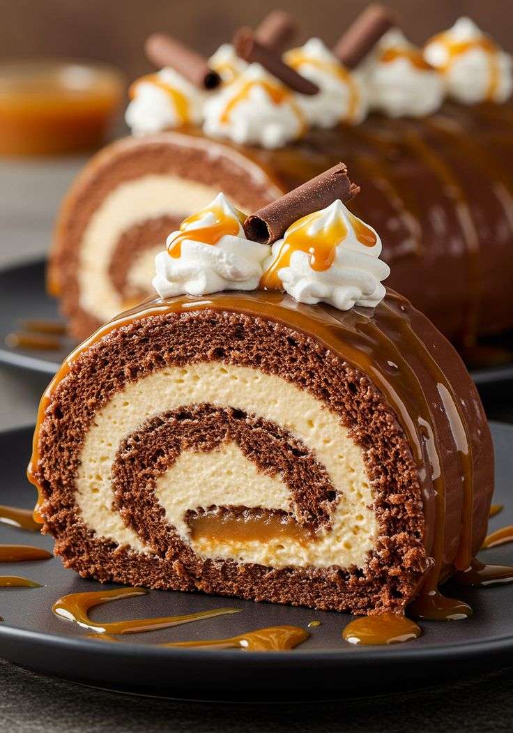 Gâteau roulé au chocolat garni de crème fouettée au caramel salé, saupoudré de cacao.