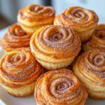Cruffins feuilletés dorés à la cannelle, servis dans un moule à muffins et saupoudrés de sucre glace.
