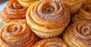 Muffins roulés à la cannelle dorés avec spirale visible et glaçage sucré coulant légèrement.