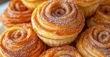 Muffins roulés à la cannelle dorés avec spirale visible et glaçage sucré coulant légèrement.