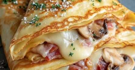 Crêpes garnie de brie fondant, champignons poêlés et jambon, pliée et servie avec persil frais.