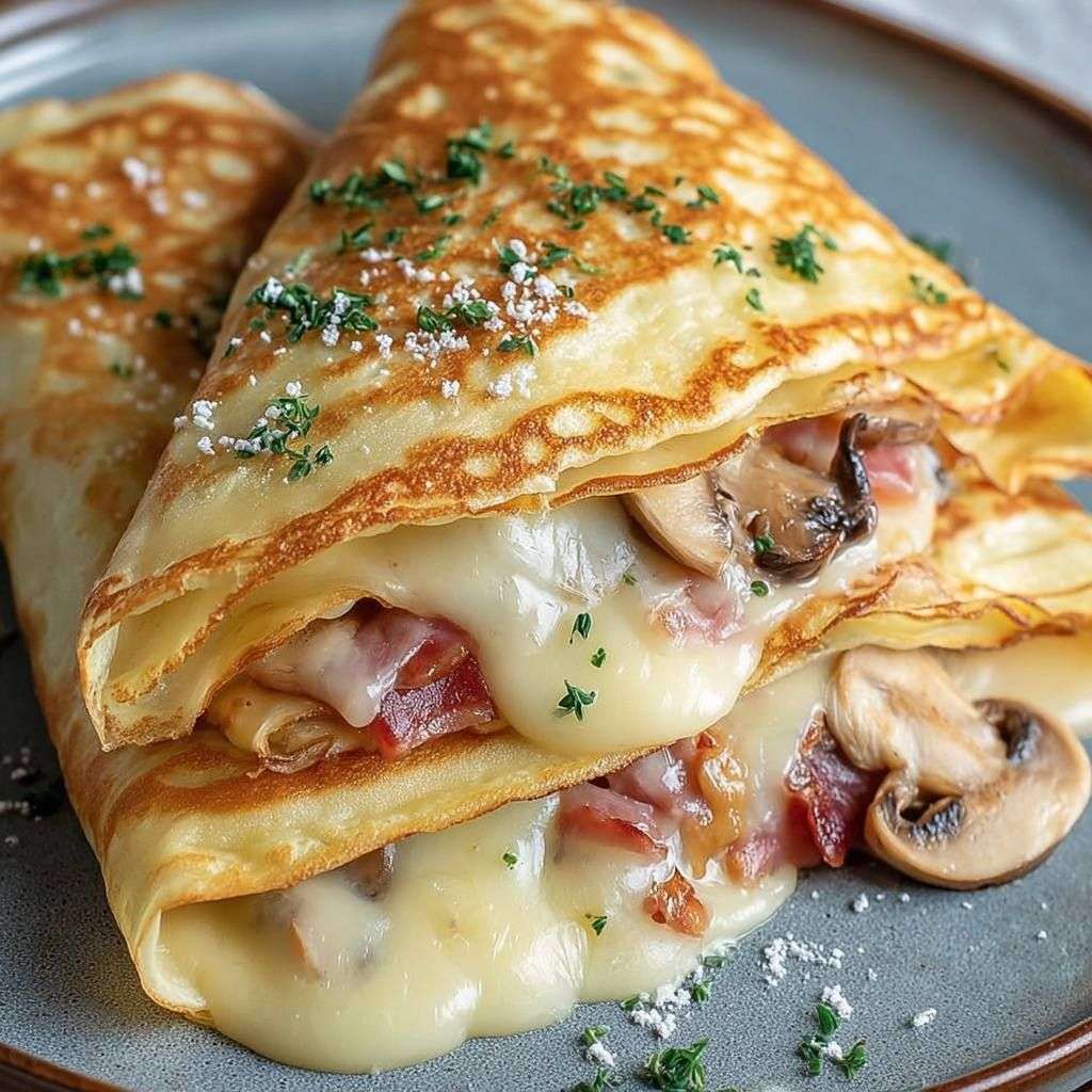 Crêpes garnie de brie fondant, champignons poêlés et jambon, pliée et servie avec persil frais.