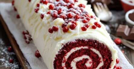 Gâteau roulé Red Velvet garni de crème au fromage, saupoudré de sucre glace et décoré de groseilles rouges.