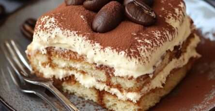 Tiramisu classique en couches avec cacao saupoudré, crème mascarpone et biscuits imbibés de café.