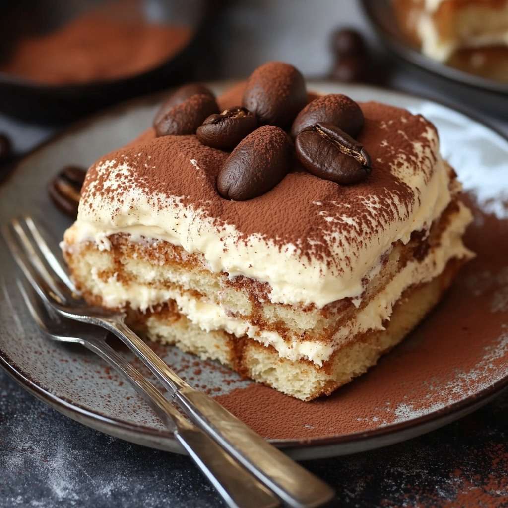 Tiramisu classique en couches avec cacao saupoudré, crème mascarpone et biscuits imbibés de café.