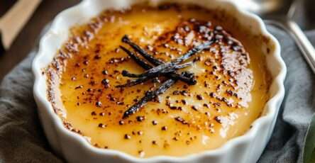 Crème brûlée maison dorée avec croûte caramélisée et texture crémeuse en ramequin.