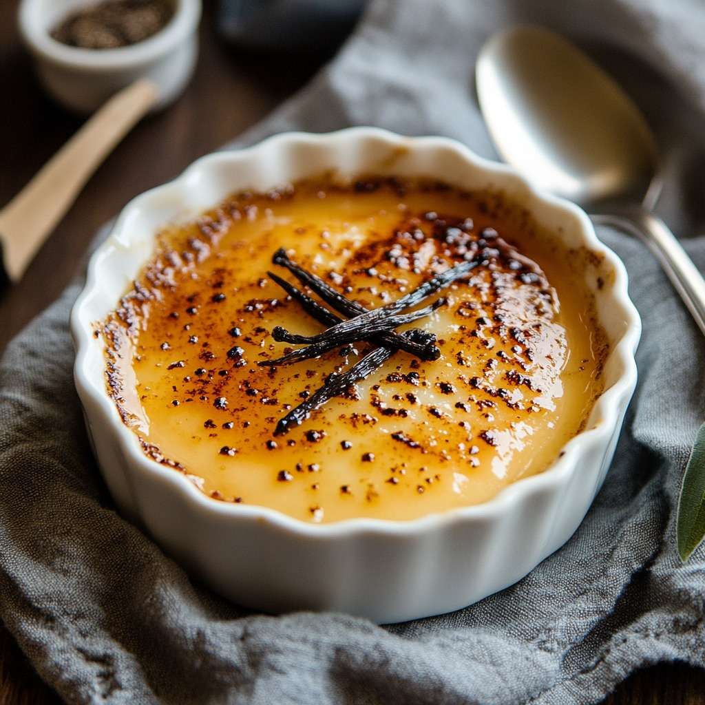 Crème brûlée maison dorée avec croûte caramélisée et texture crémeuse en ramequin.